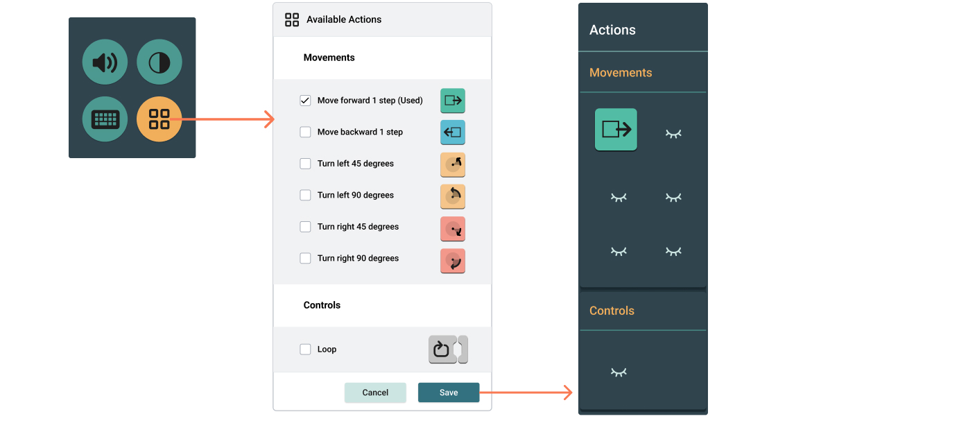 Weavly simplification menu This image shows how learners can use the action panel's simplification menu to hide action blocks.